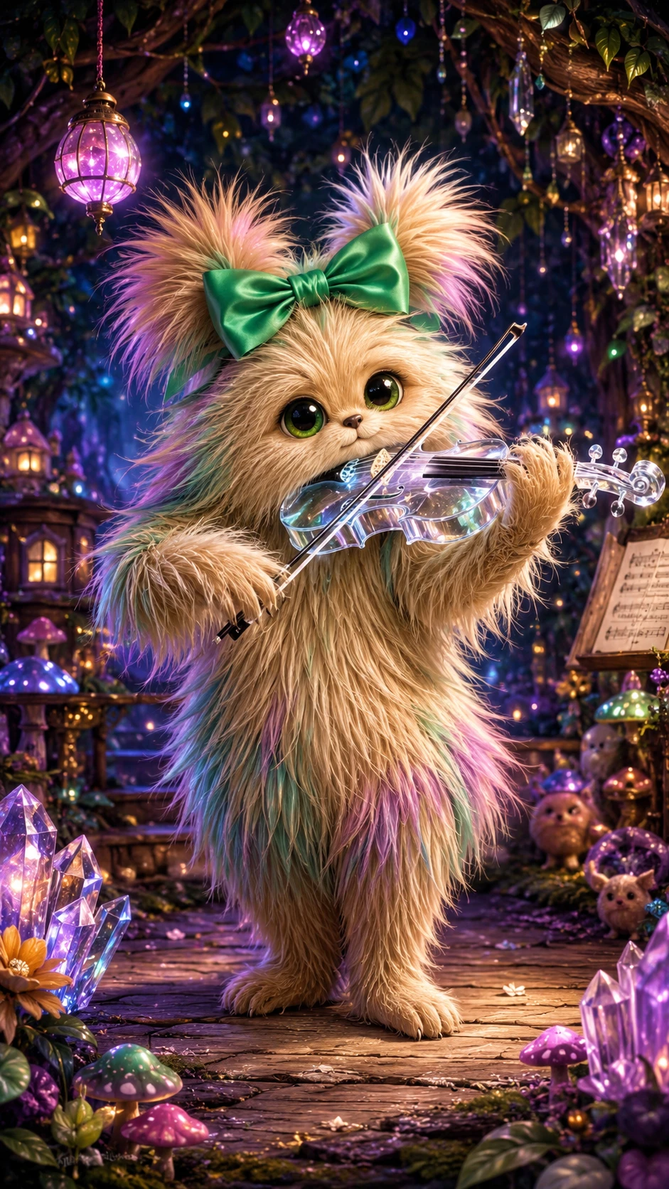 Mythical furry creature playing a crystal violin