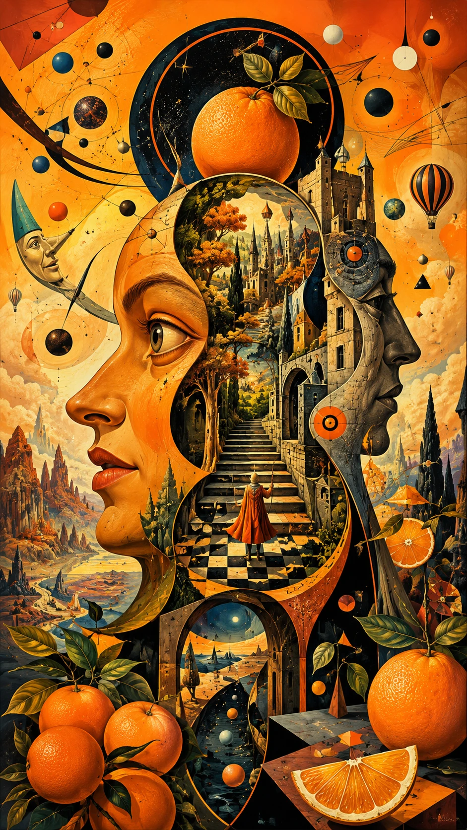 Surreal orange themed painting in mystical abstract space