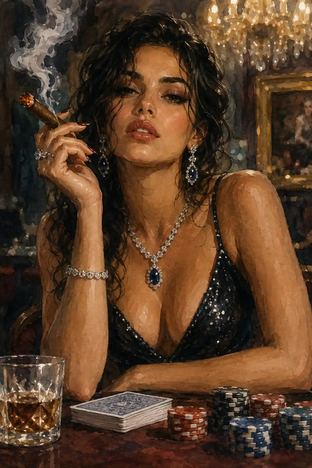 Donna glamour con sigaro a un lussuoso tavolo da casinò