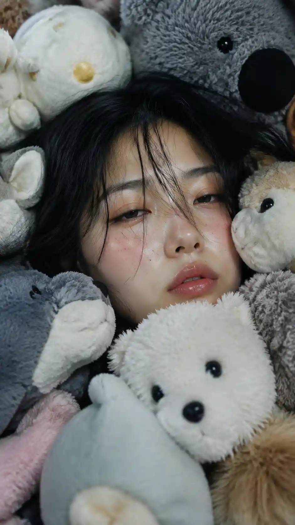Woman nestled in plush toys intimate extreme close up portrait