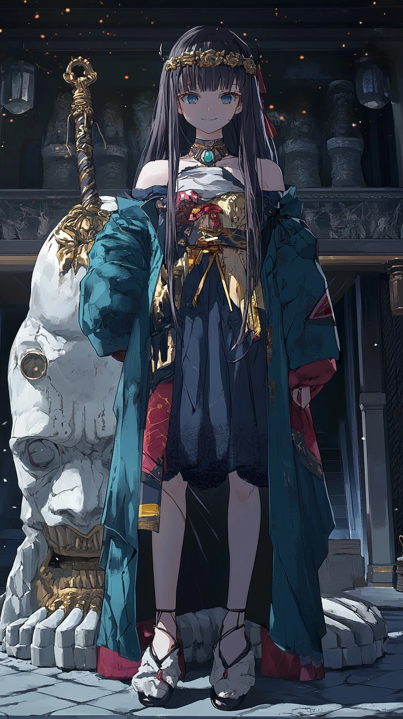Chica de anime se encuentra con una colosal estatua de mármol bajo una luna inmensa