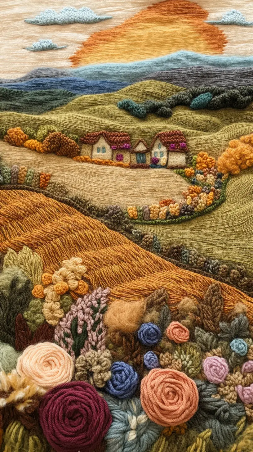 Crocheted countryside landscape with cottages and sunset sky