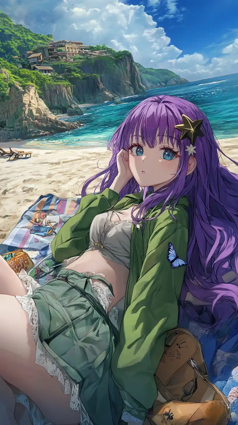 Chica de anime relajándose sobre una colorida toalla en la playa