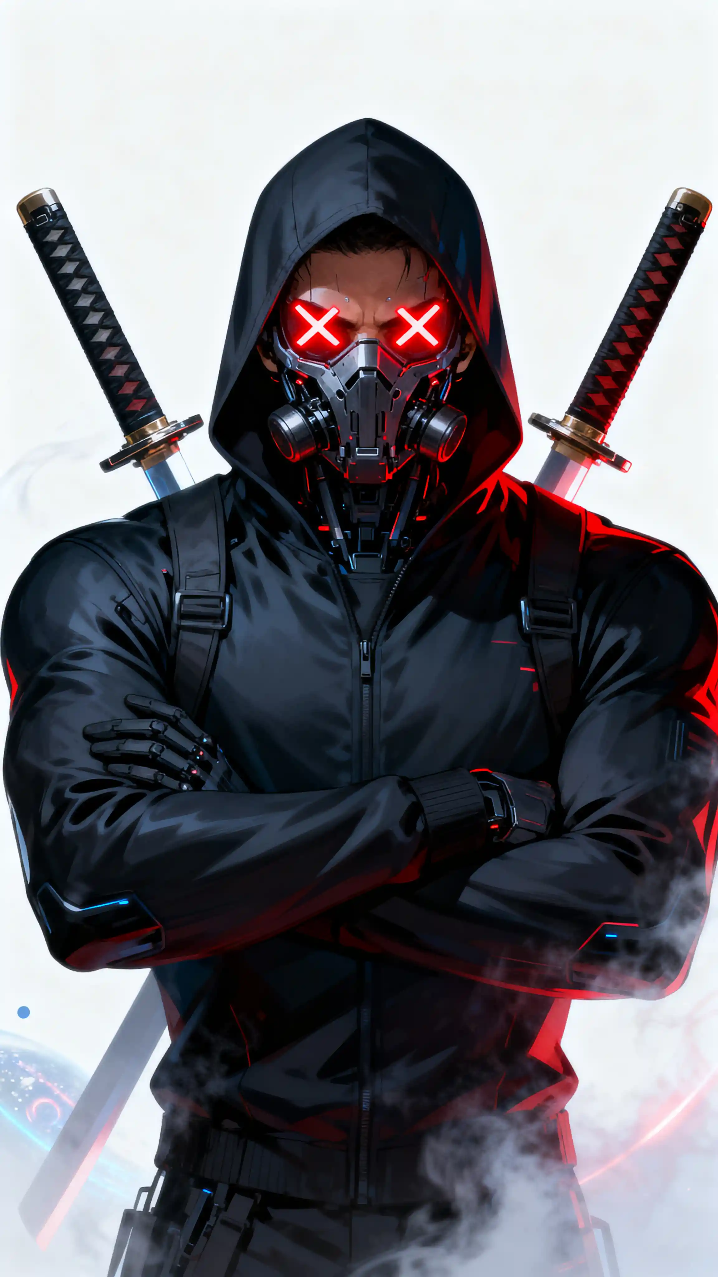 Cybernetic masked man with crossed arms and katanas