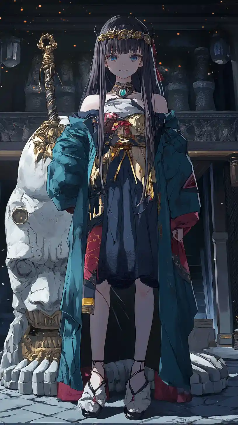Chica de anime se encuentra con una colosal estatua de mármol bajo una luna inmensa