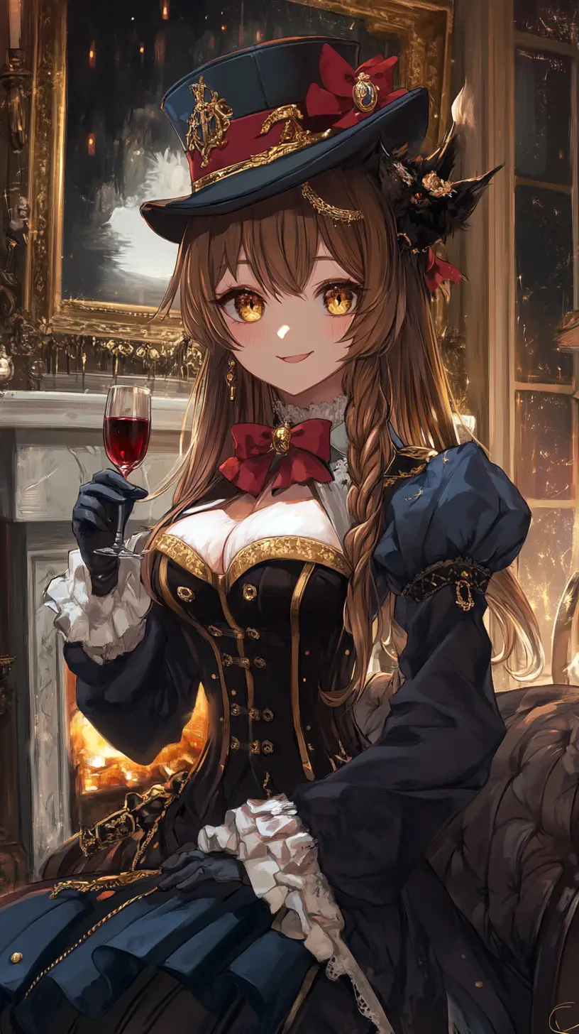 Chica de anime elegante con atuendo dorado ornamentado y abrigo negro