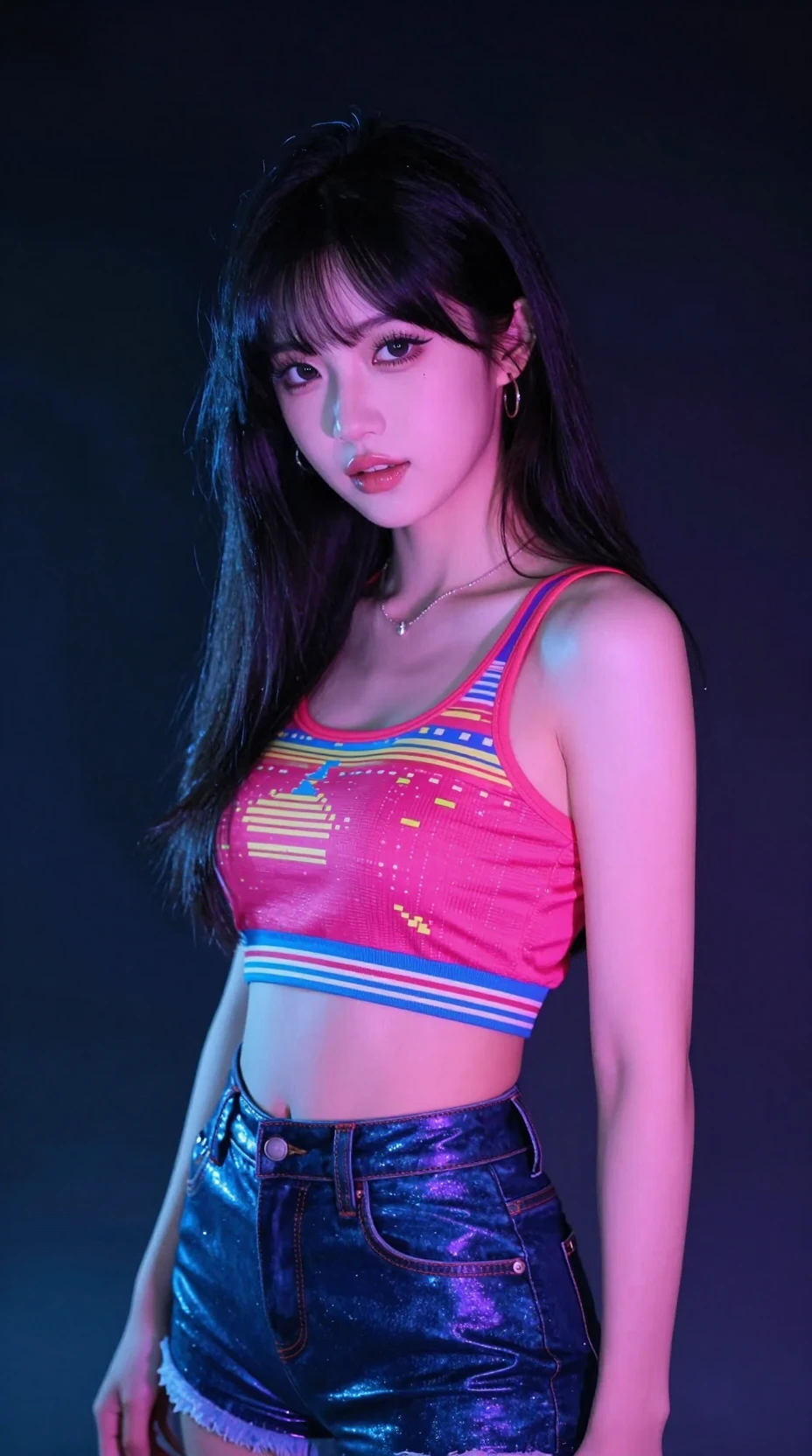 Ritratto di gamer girl al neon con vivace costume retrò