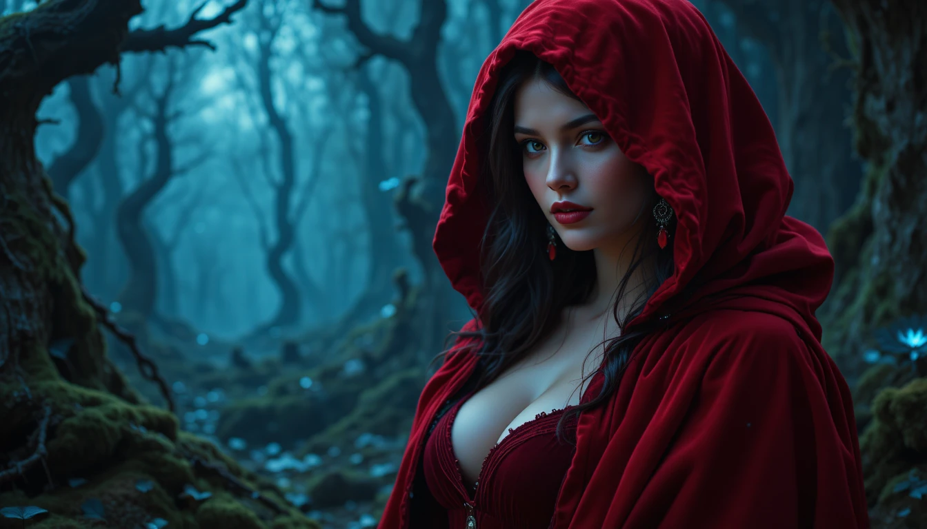 Mujer mística con capucha roja en un bosque de fantasía al crepúsculo