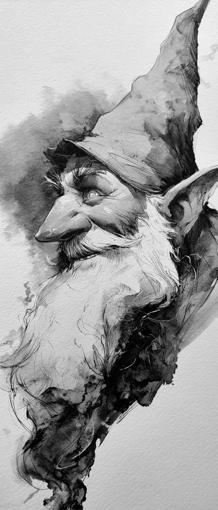 Retrato de perfil a tinta de un gnomo fantástico y travieso
