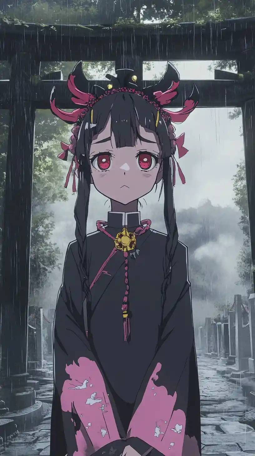 Old columned building by cemetery in rainy foggy anime scene