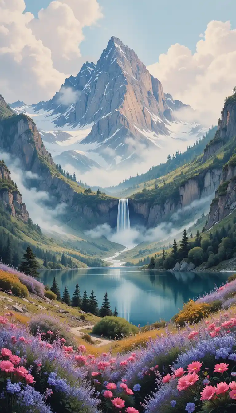 Dreamy watercolor mountains at dawn with misty waterfall