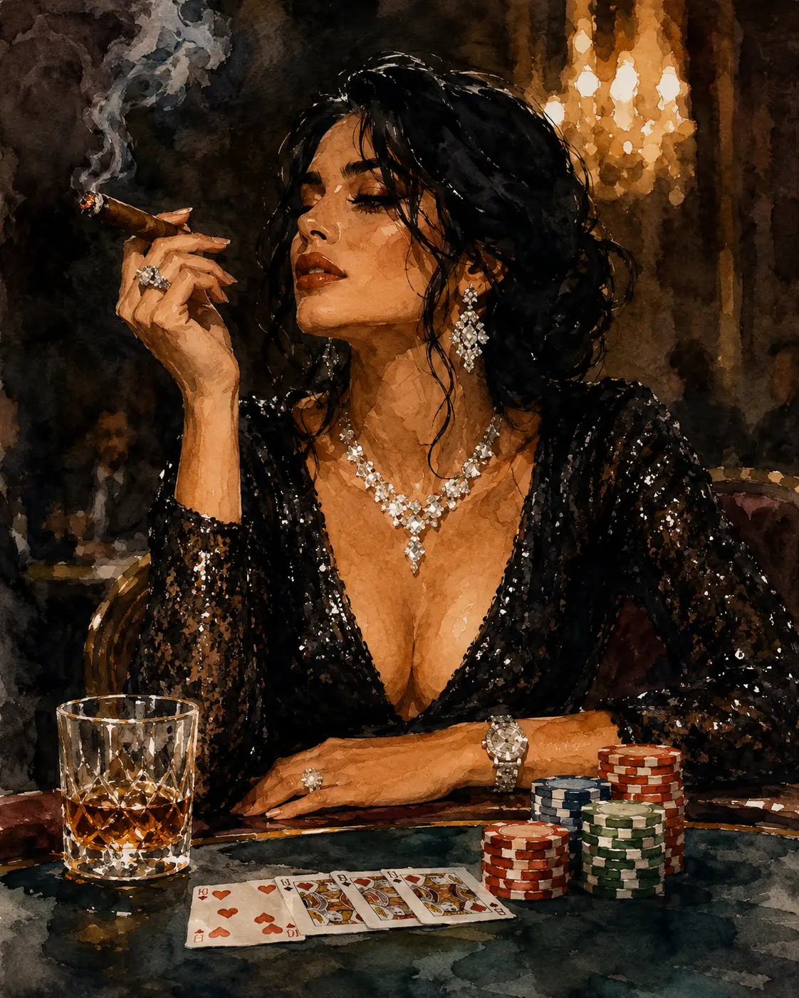Mujer elegante fumando en un lujoso casino, escena en acuarela