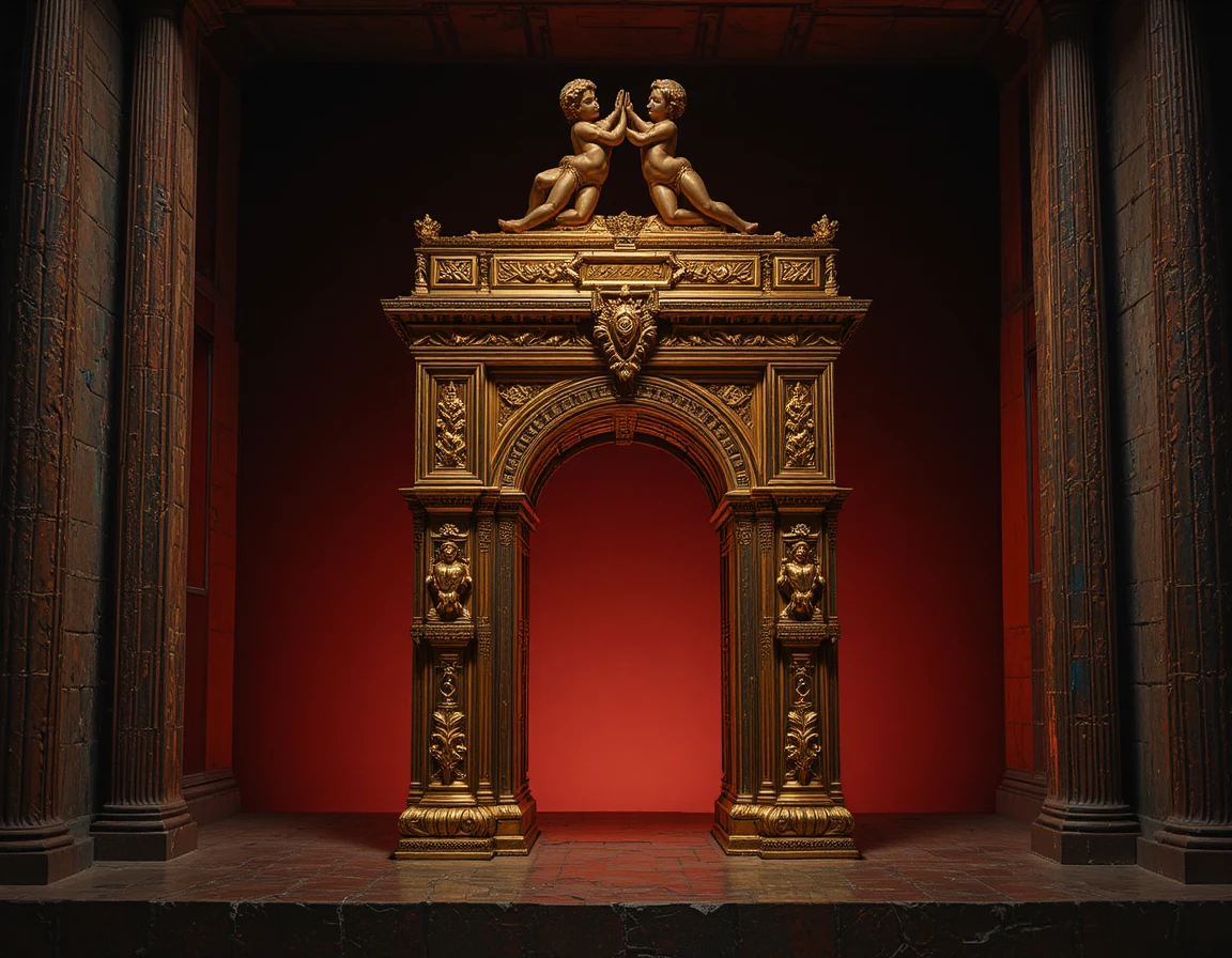 Golden Ark of the Covenant on Dark Red Dramatic Background