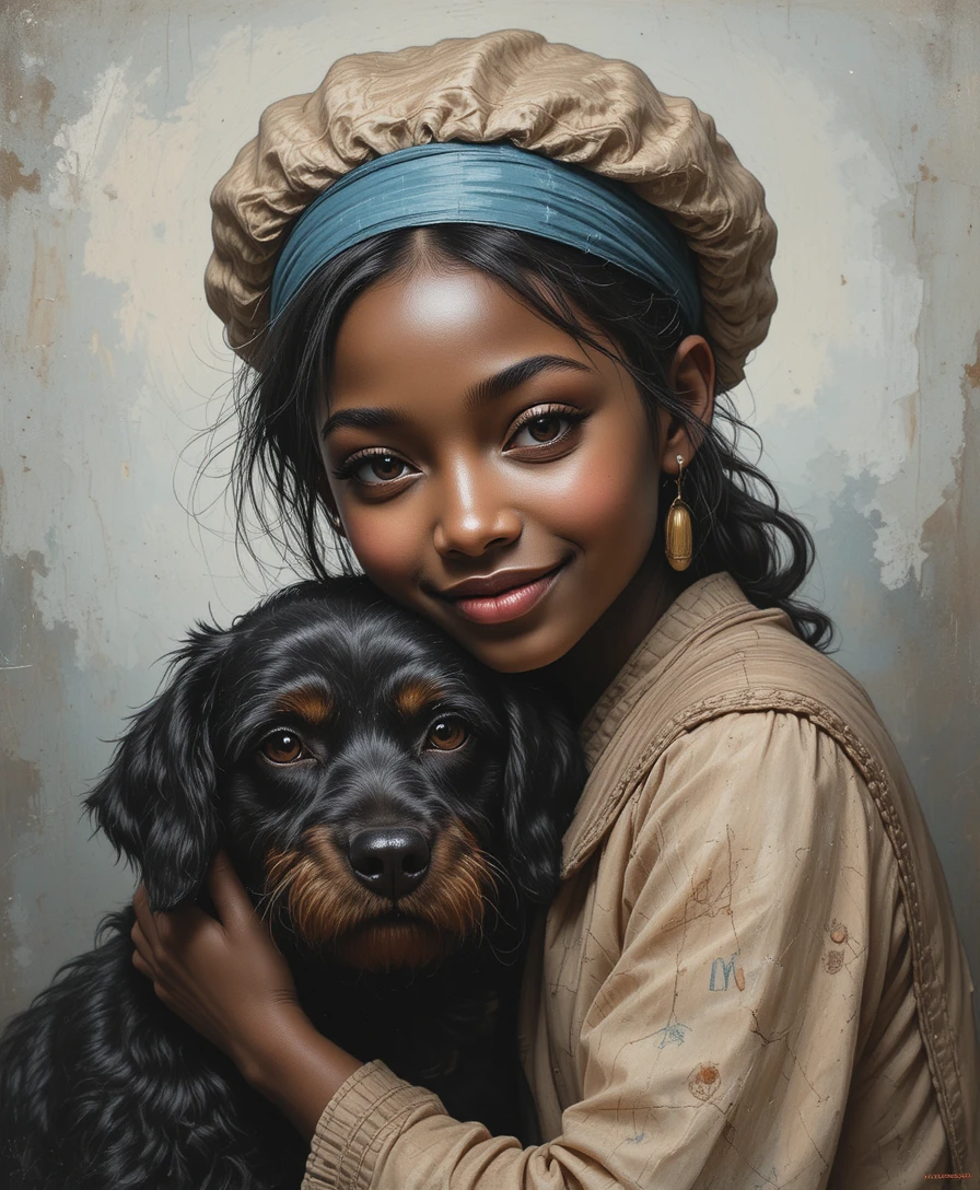 Niña negra tímida abrazando a un perro desaliñado bajo una luz suave