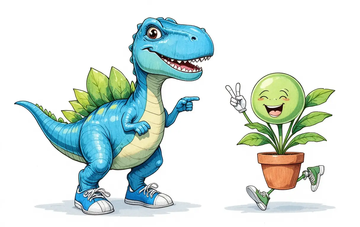 Divertido dinosaurio azul y planta en maceta como personajes de caricatura