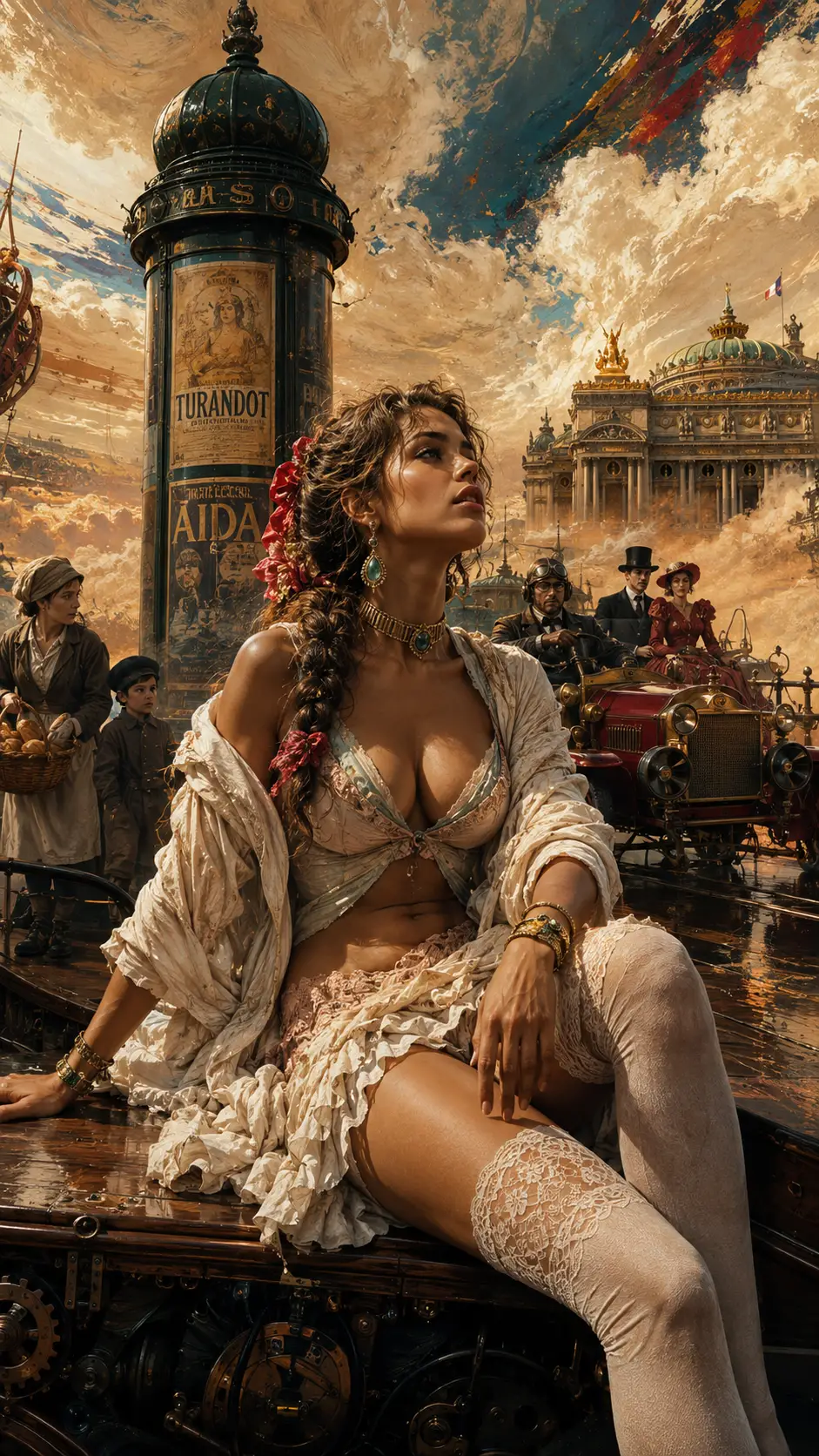 Femme brésilienne sur un dirigeable steampunk au-dessus d’un désert doré