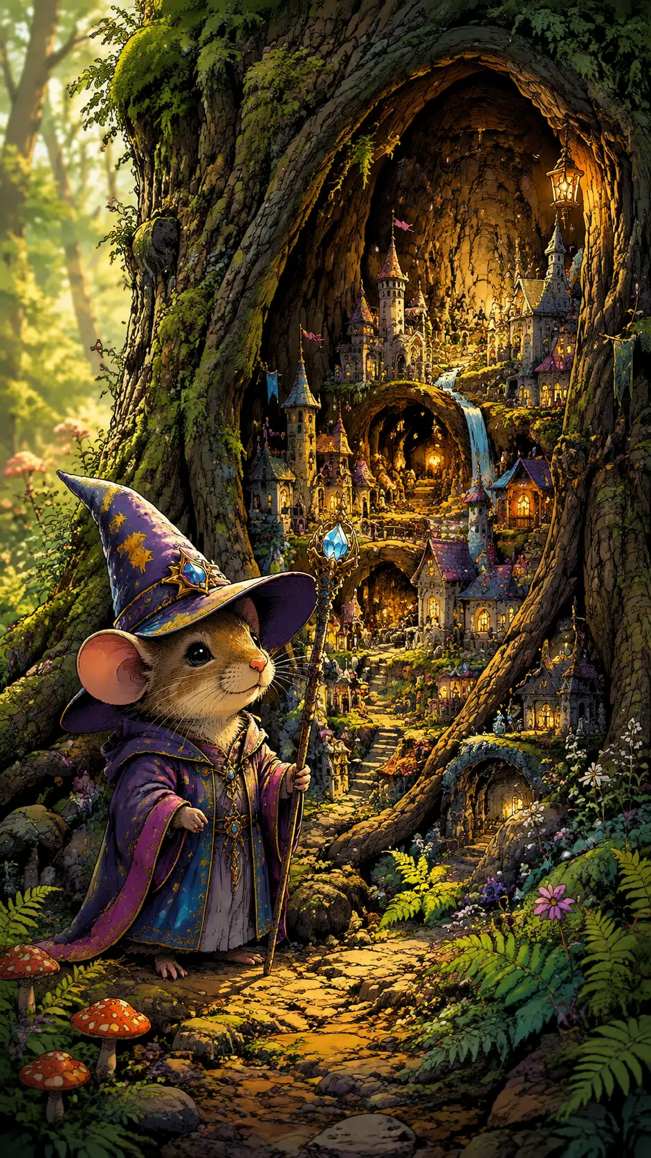 Tiny mouse wizard guarding a tree trunk kingdom