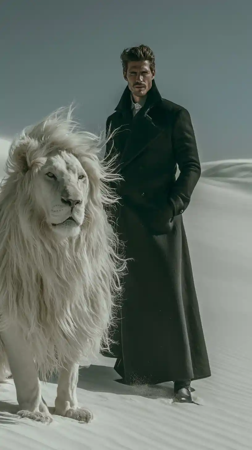 Man in black fashion standing with white lion at sunset