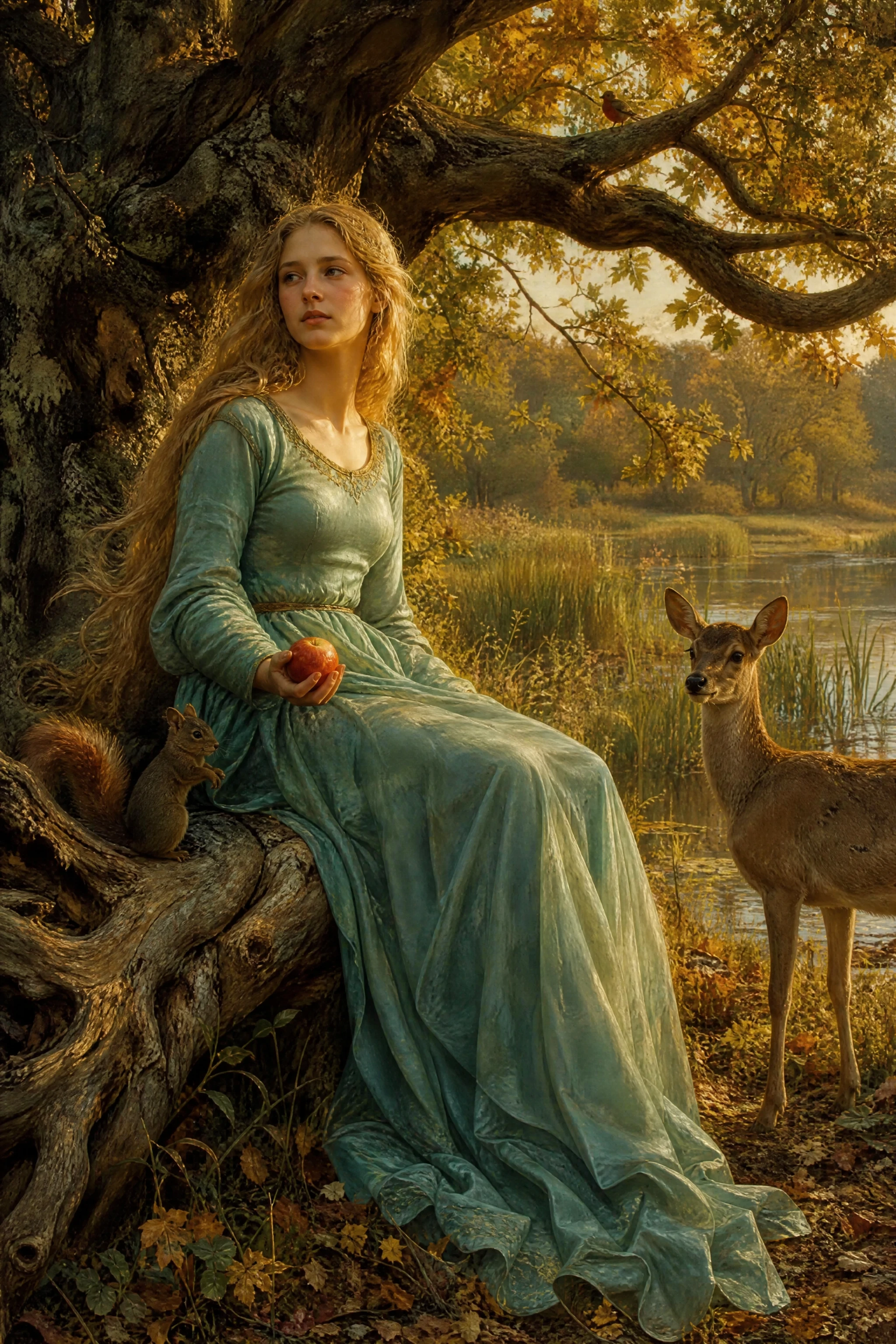 Giovane donna in abito verde con animali presso l’acqua nel bosco