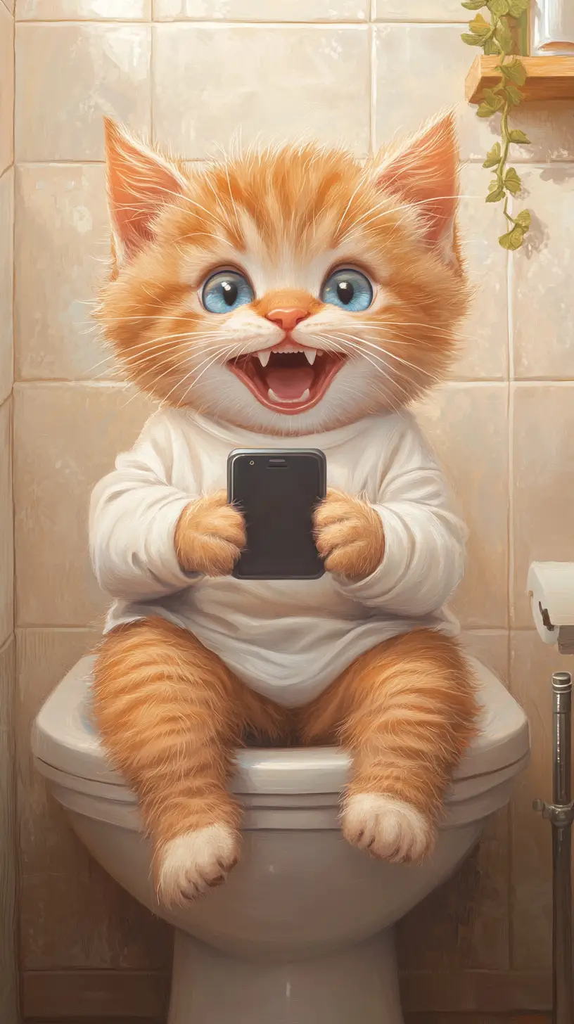 Tierno gatito atigrado naranja usando el baño con un teléfono