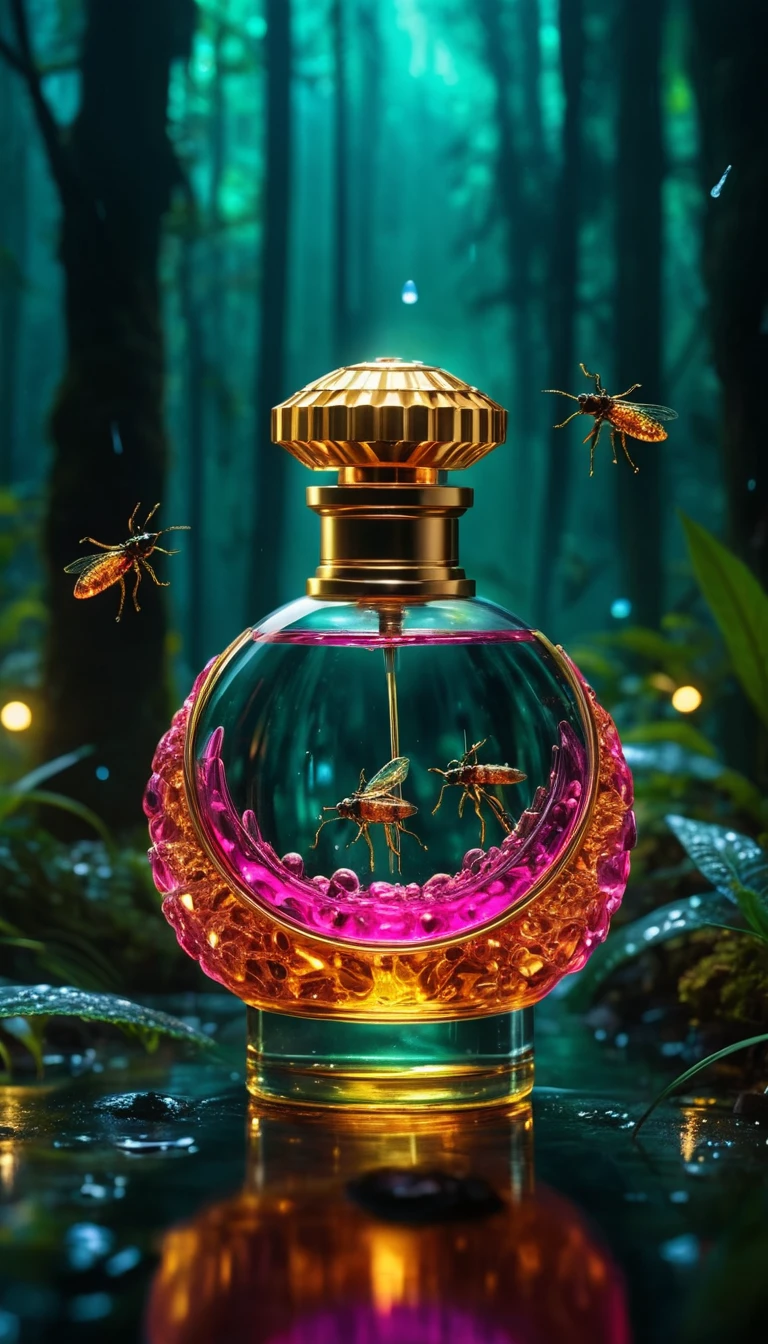 Frasco de perfume surreal que brilla en un bosque tropical lluvioso