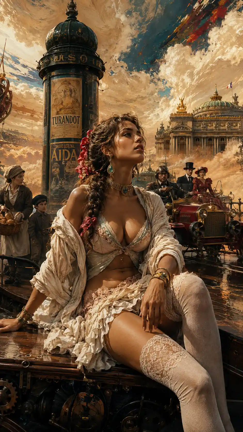 Donna brasiliana su una aeronave steampunk sopra un deserto dorato