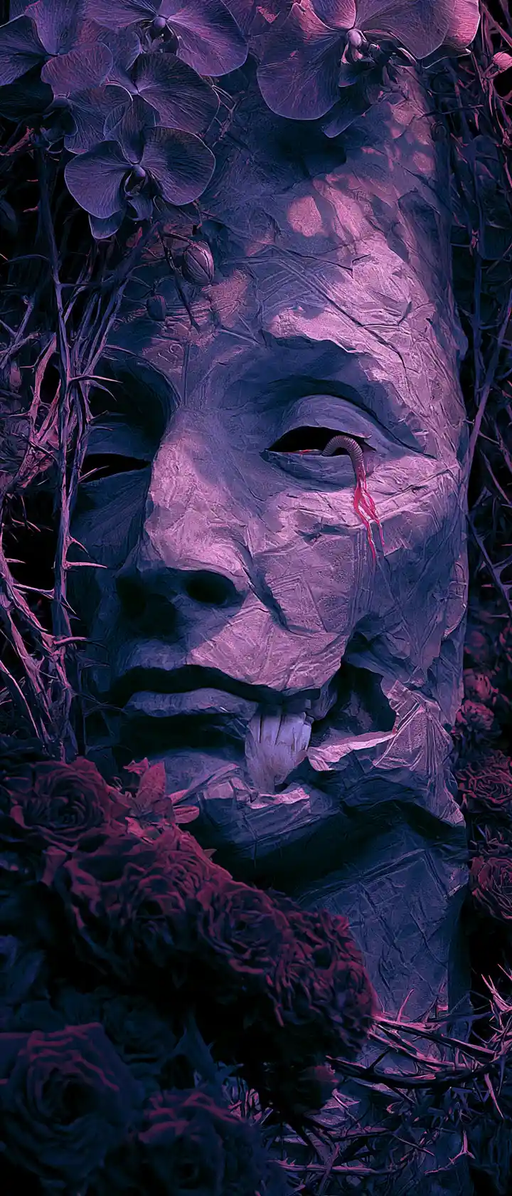 Stone head in chains amid orchids under eerie moonlight