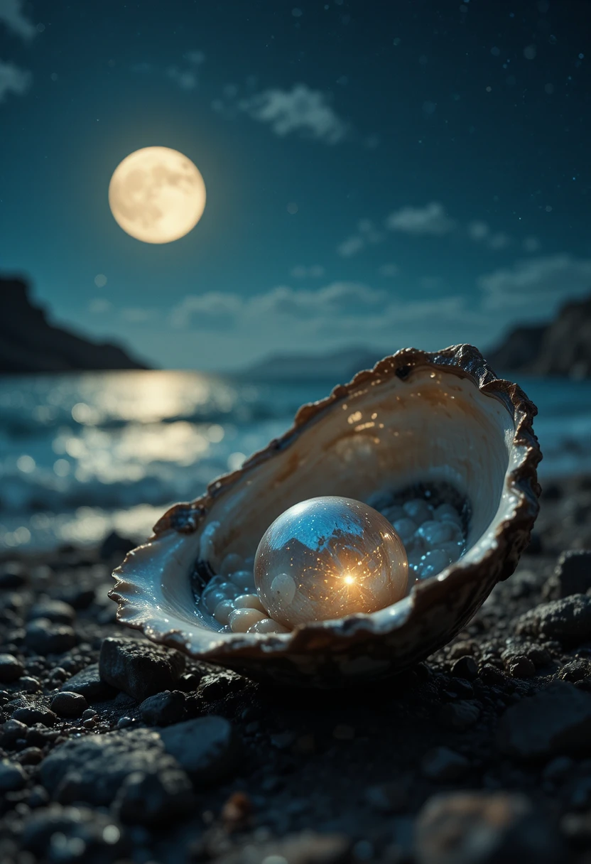 Ostra con perla reluciente bajo un cielo nocturno silencioso
