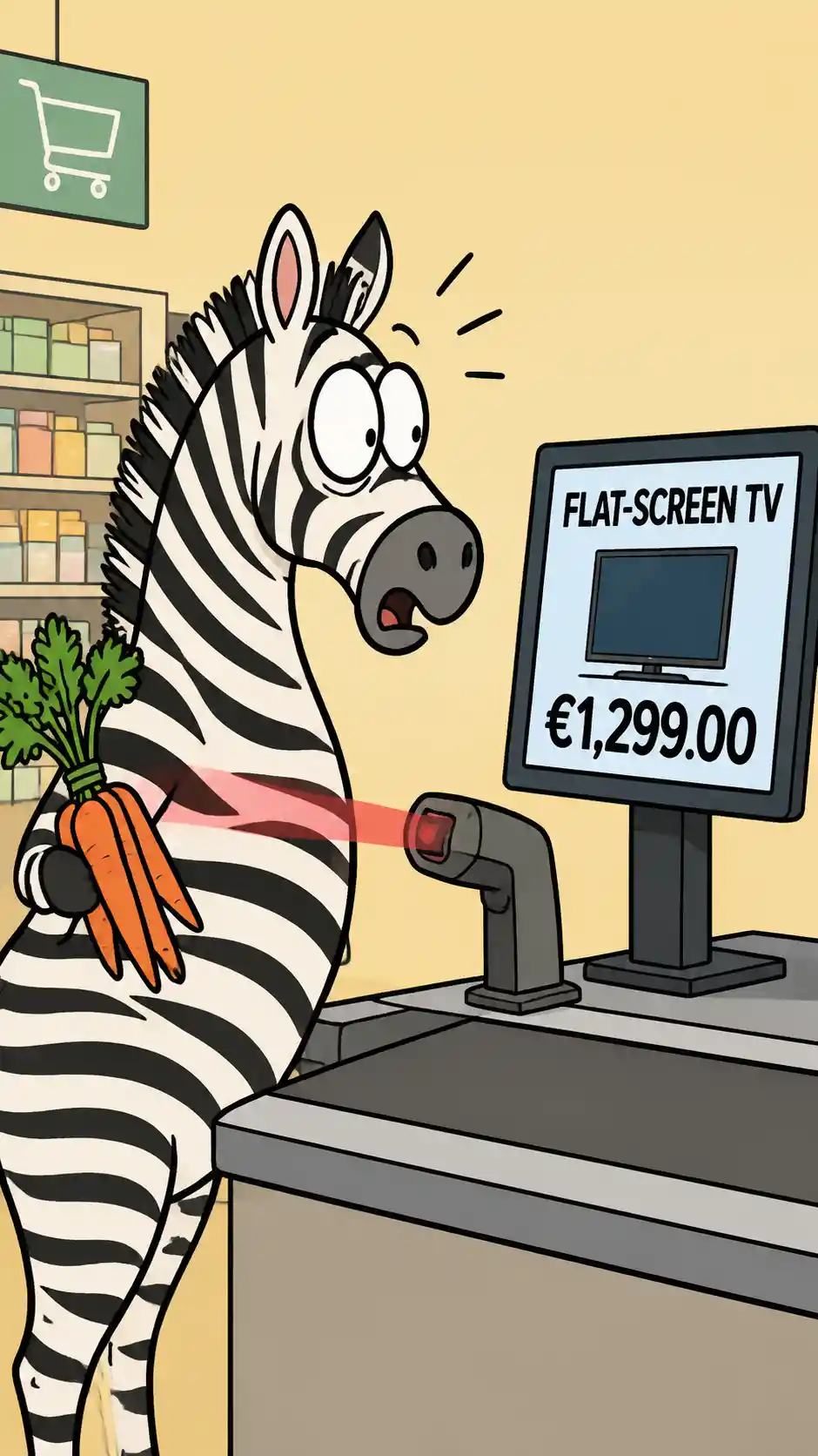 Zebra wird an Supermarktkasse als Flachbildfernseher gescannt