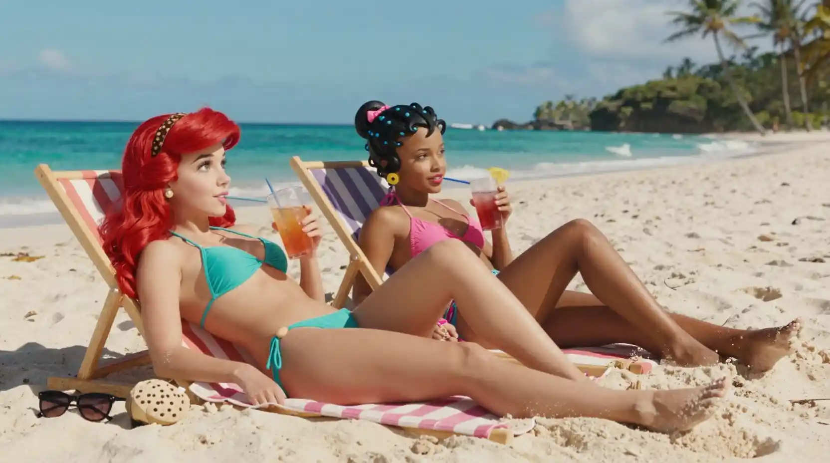 Women relaxing on a sunny tropical beach in bikinis