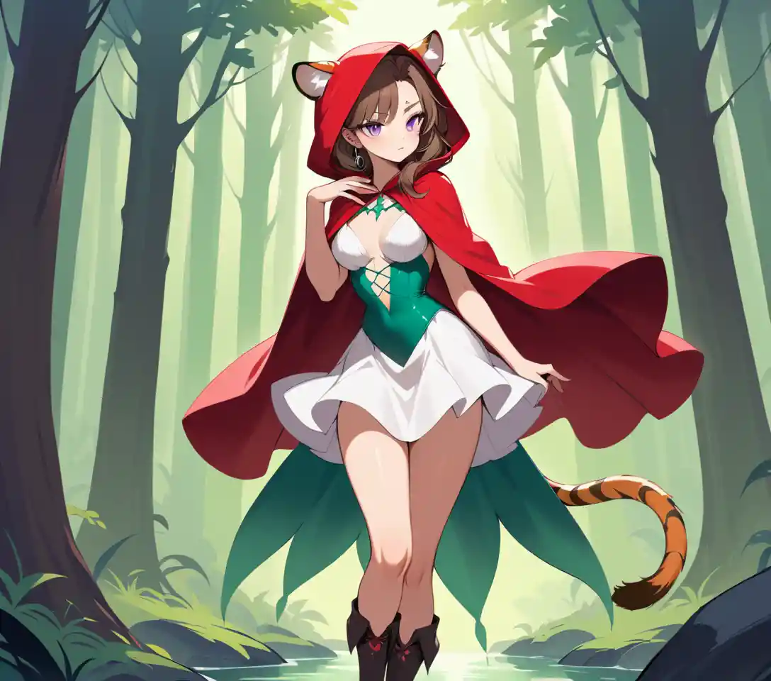 Mujer seductora con orejas de tigre en atuendo rojo con capucha en el bosque