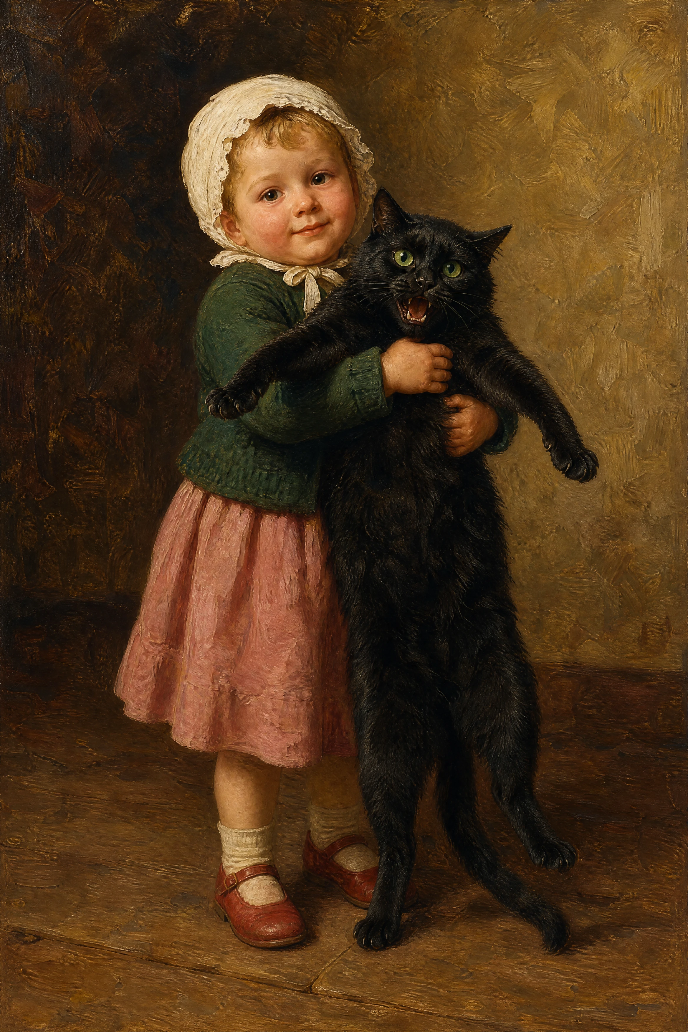Kleinkind mit großer schwarzer Katze in klassischem Ölgemälde
