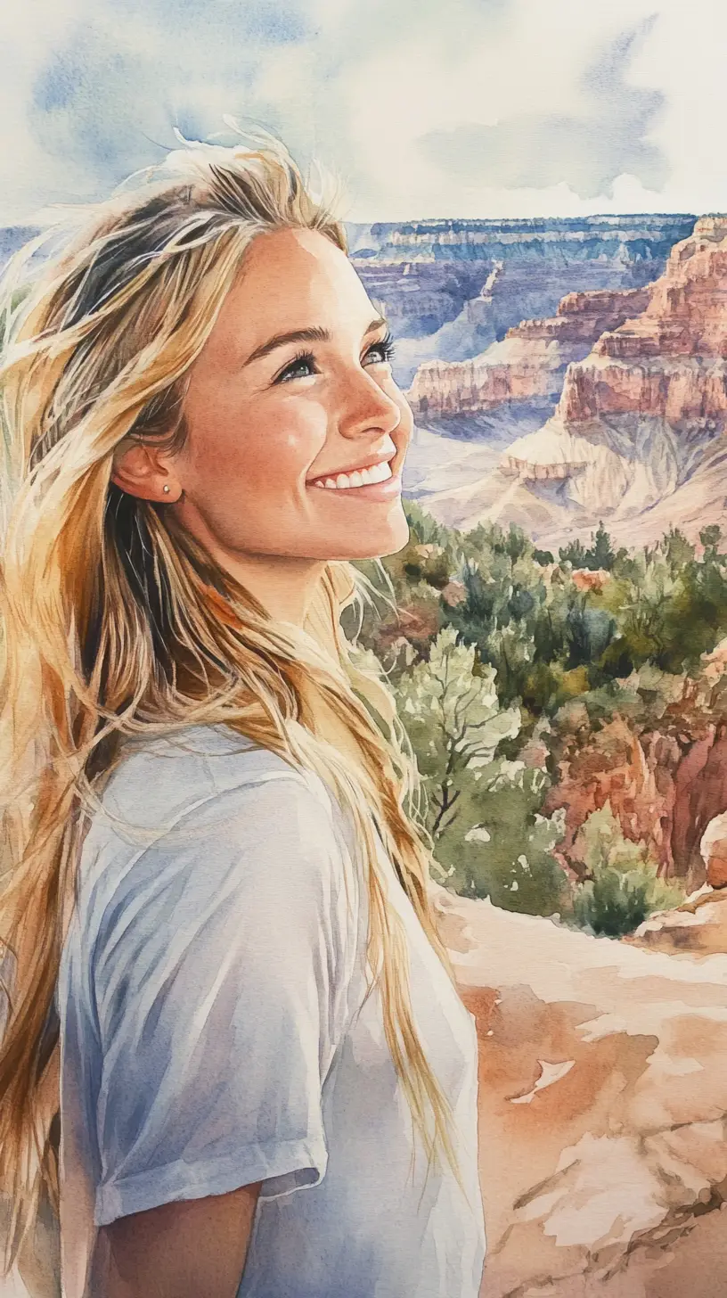 Retrato en acuarela de una mujer sonriente sobre un paisaje de cañón