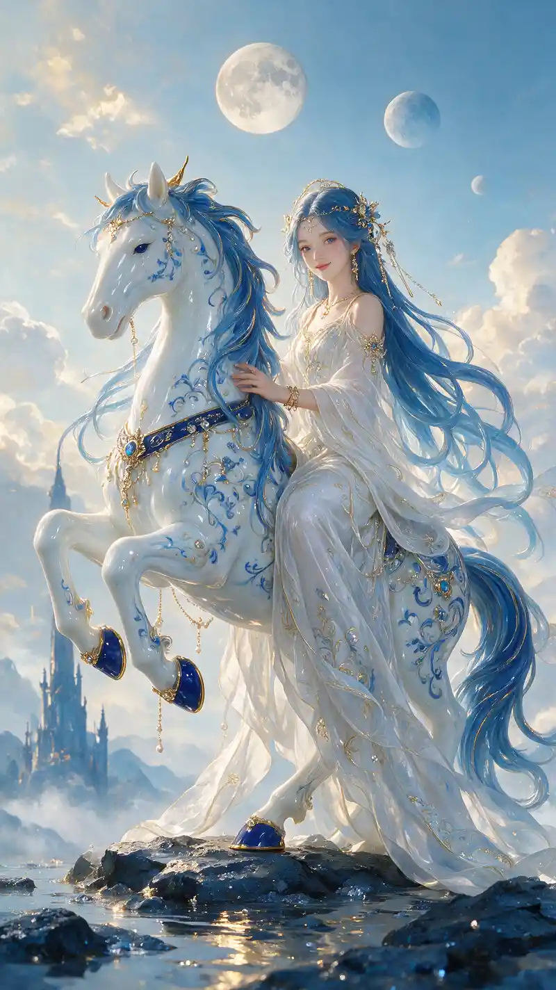 Doncella serena montando un caballo blanco con melena azul ondulante
