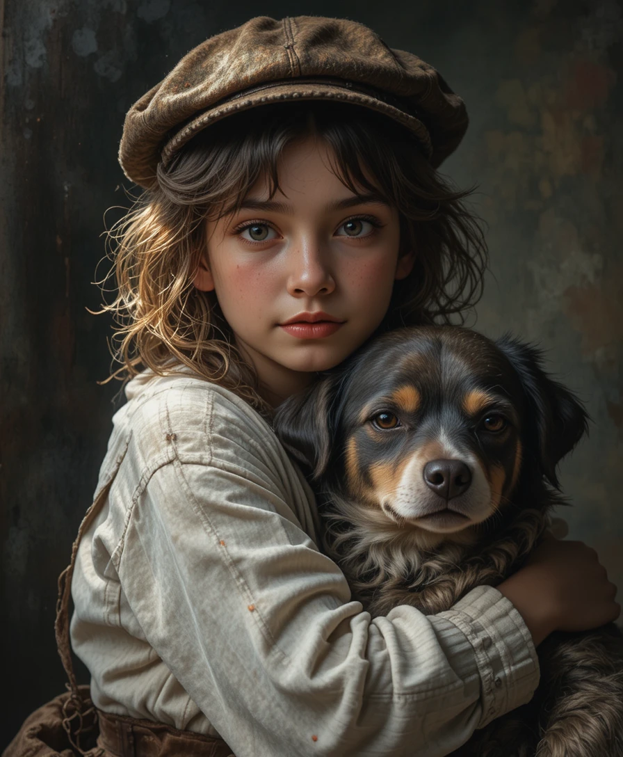 Shy Young Boy In Soft Light Hugging A Dog