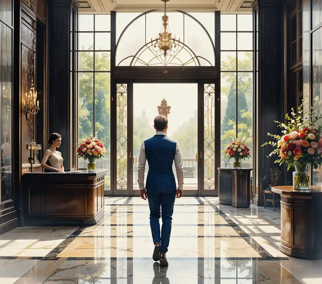 Hombre elegante acercándose al mostrador de recepción de un hotel de lujo
