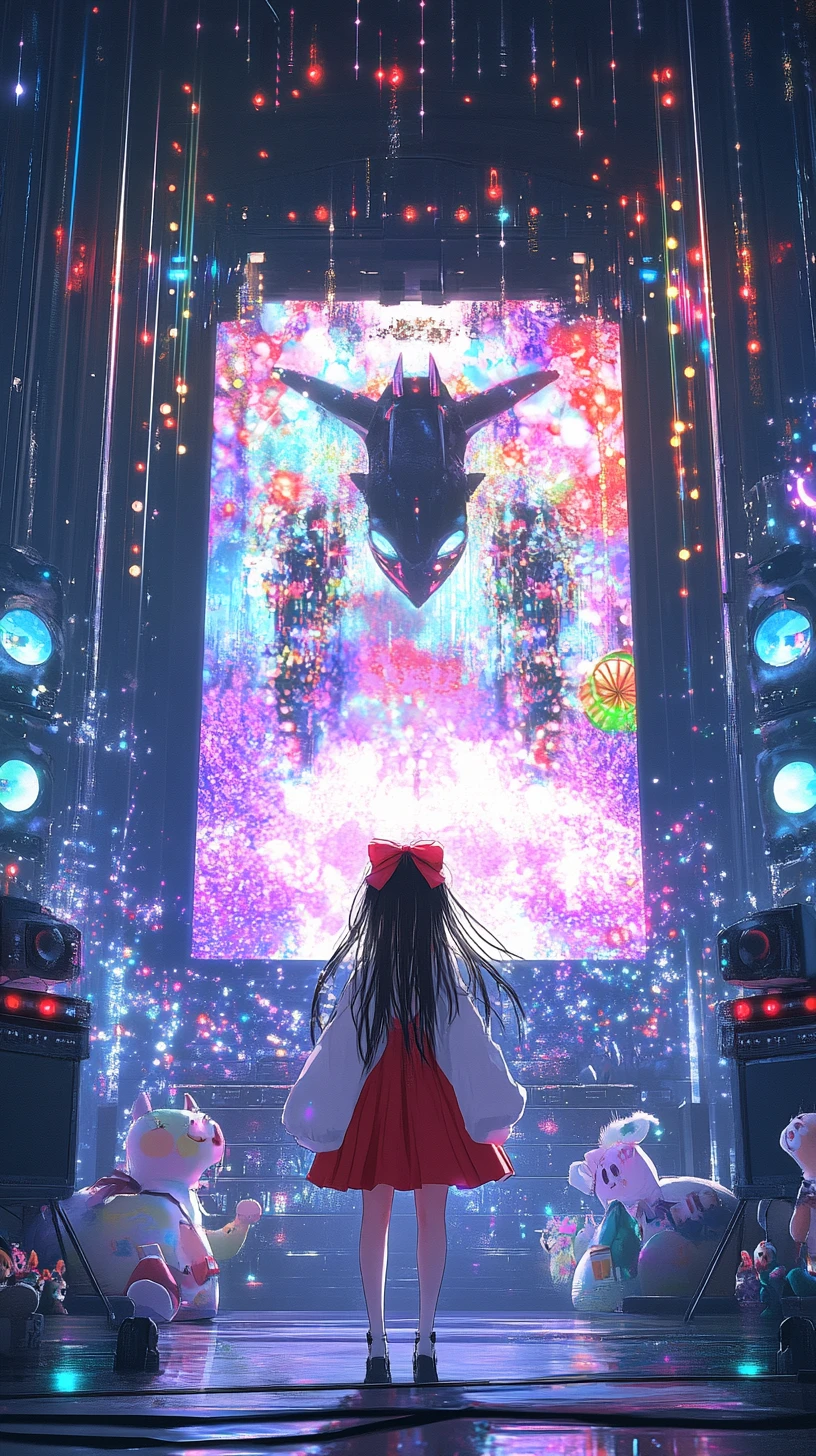 Chica anime cantando en un escenario de concierto futurista
