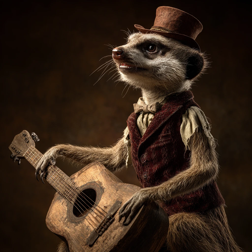 Dapper Meerkat Balancing On An Antique Acoustic Guitar