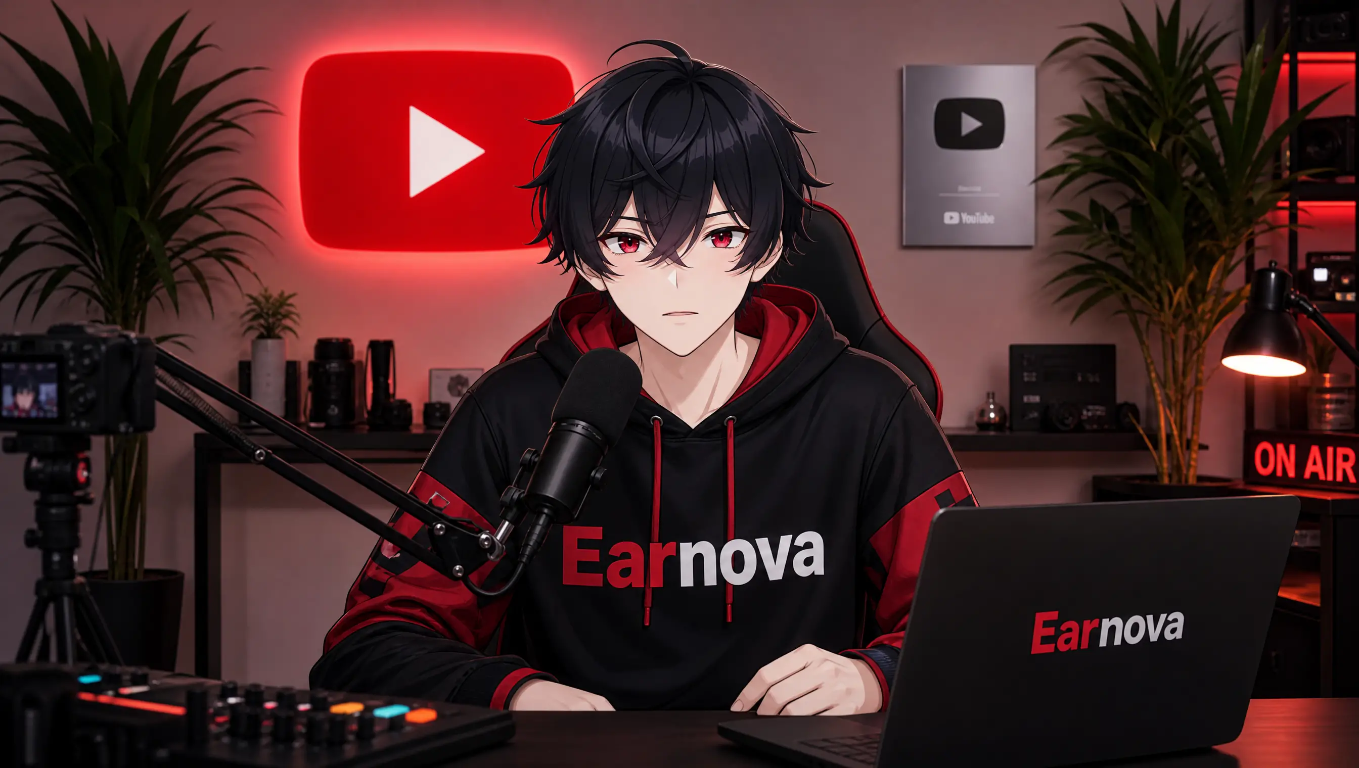 Chico de anime haciendo streaming en un escritorio con micrófono y portátil