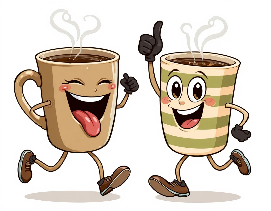 Verspielte laufende Kaffeetassen im niedlichen Vektor-Cartoon-Stil