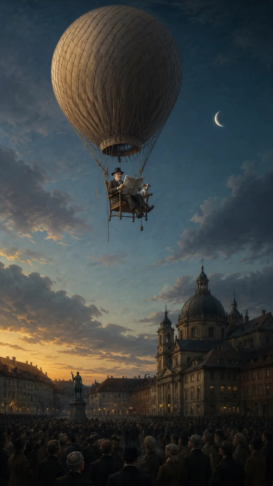Hombre Mayor en Silla con Globo Flotando Sobre la Ciudad al Atardecer