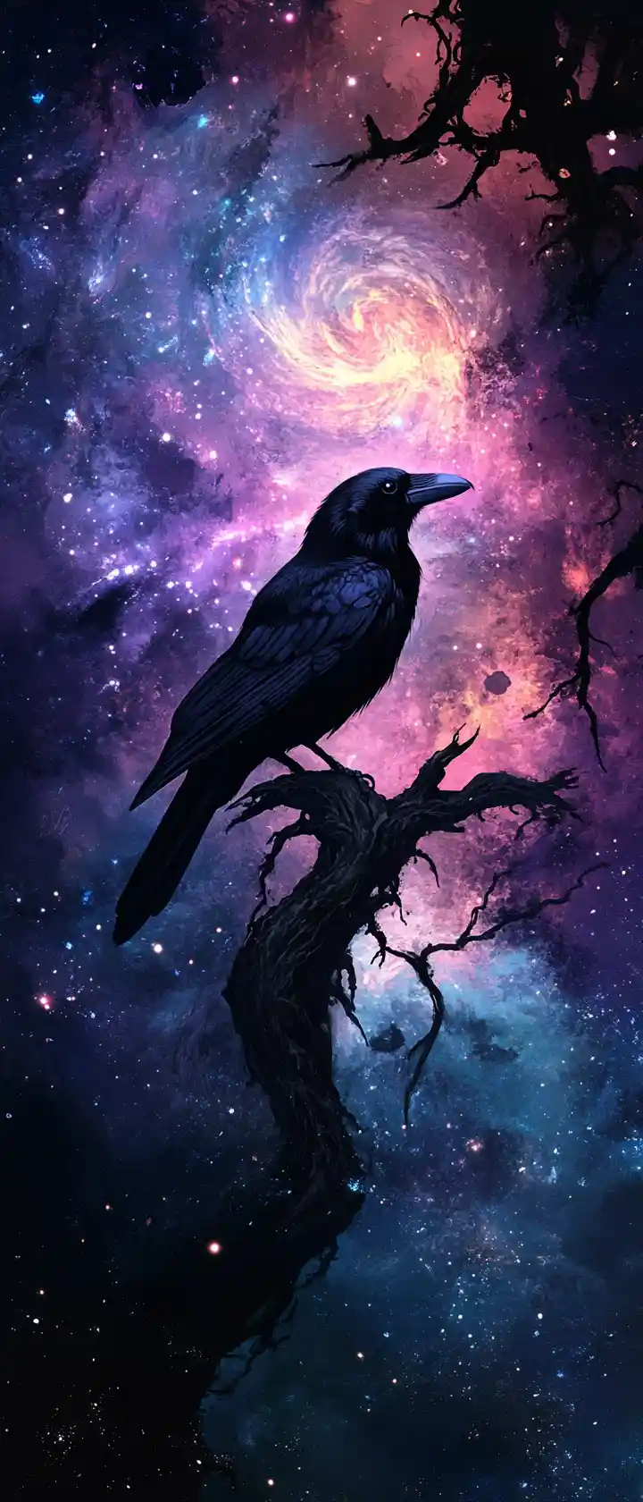 Raven Silhouette Against A Cosmic Nebula Sky