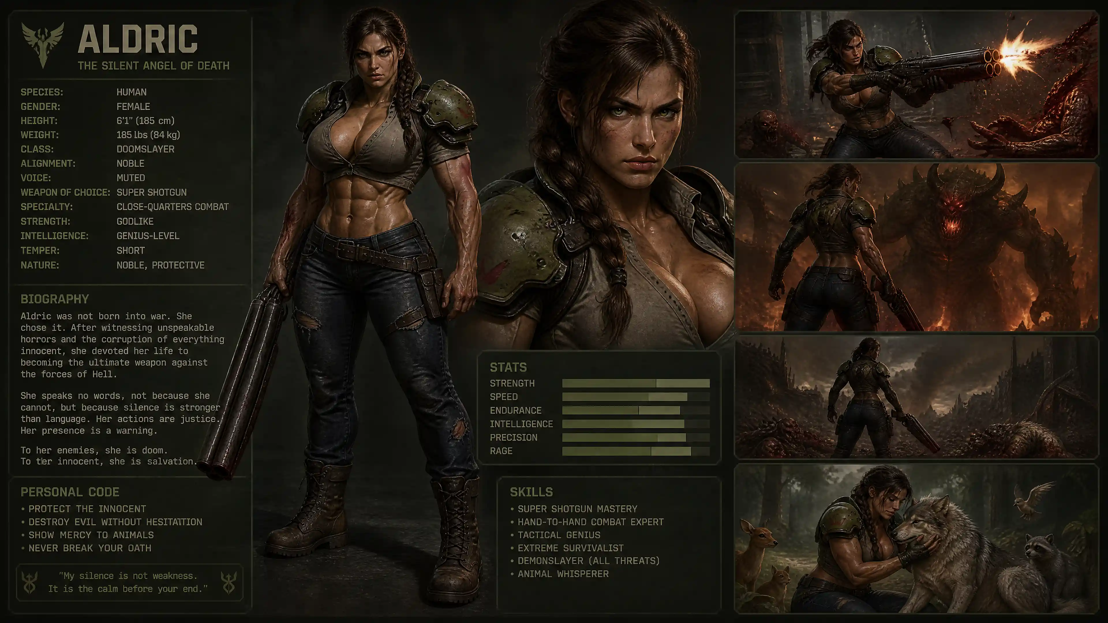 Powerful female warrior with green eyes and armored shoulders