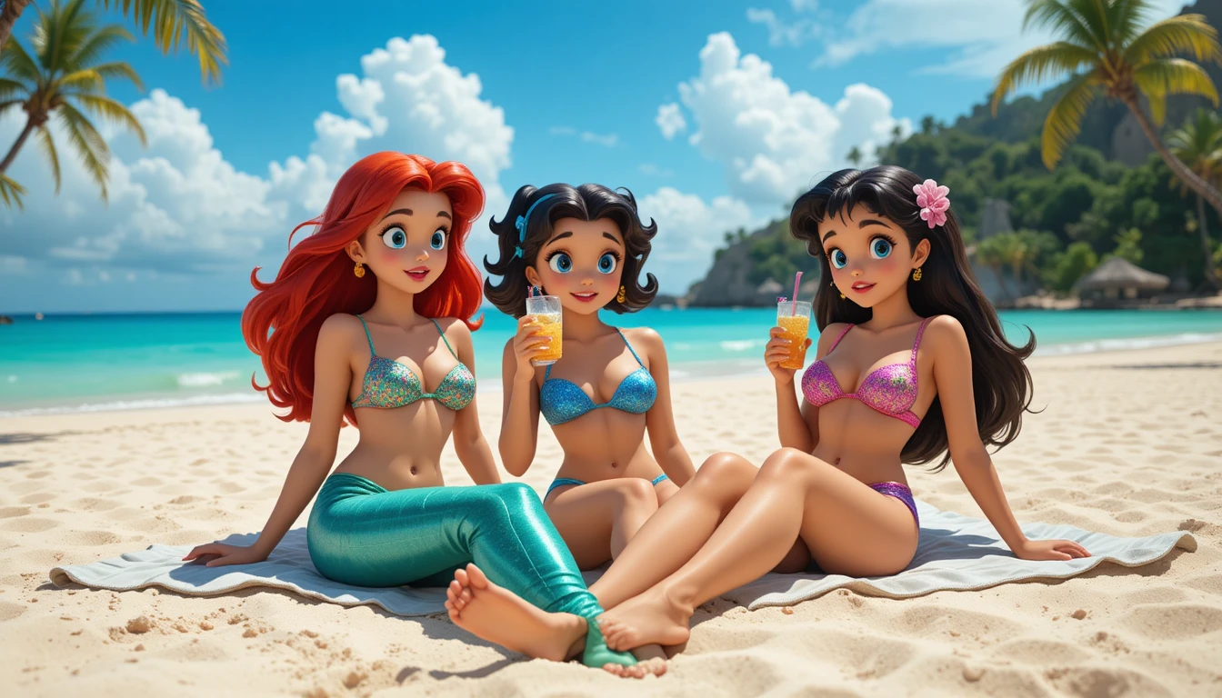 Mujeres descansando en una playa tropical soleada con micro bikinis