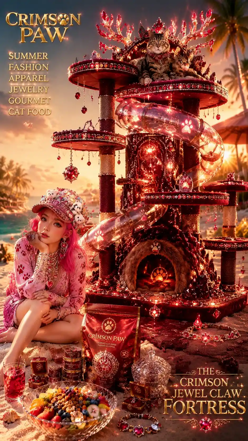 Woman with jeweled cat tree and playful kitten beside food display