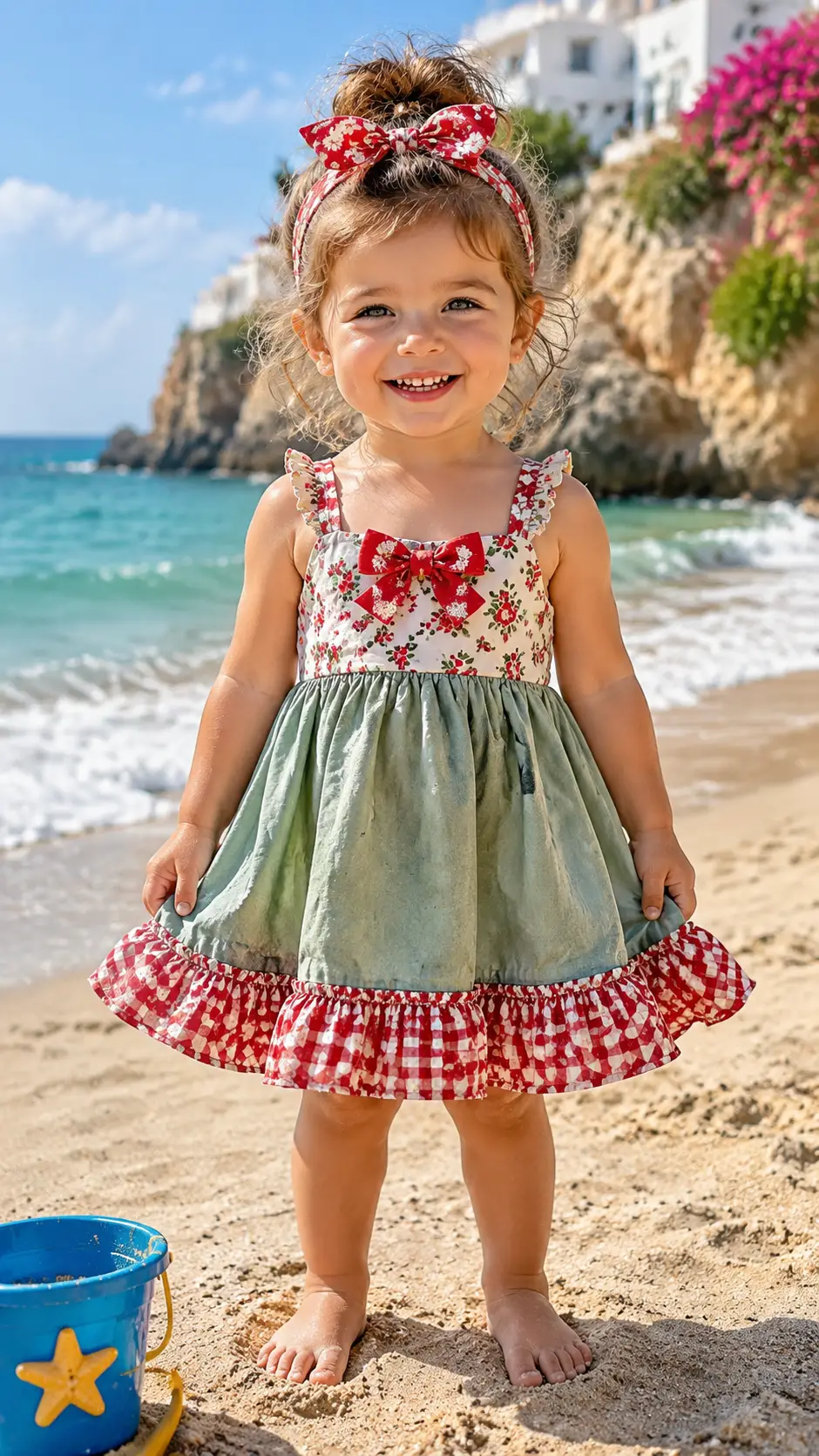 Niña pequeña sonriente con vestido floral en una playa soleada