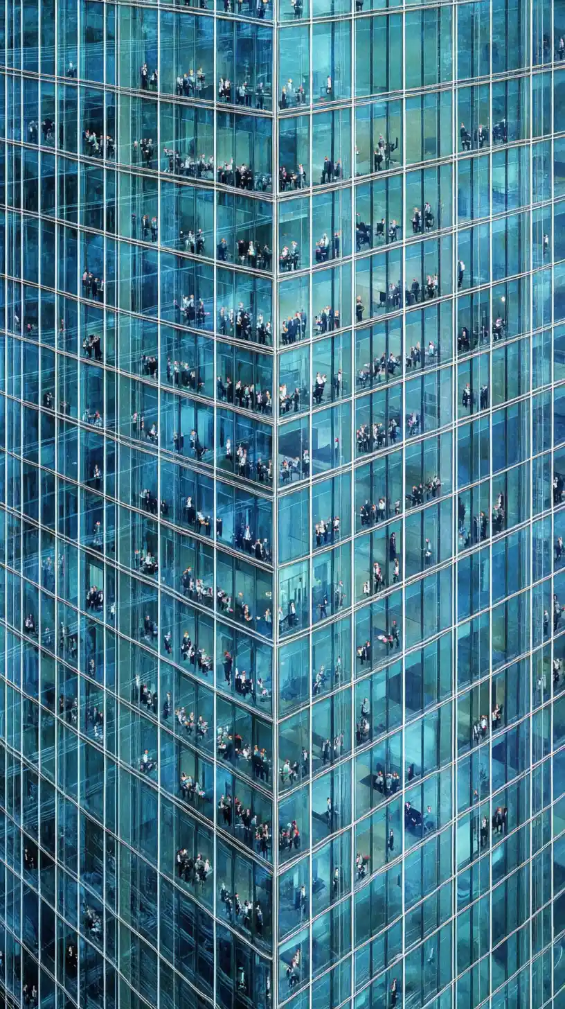 Rascacielos de vidrio surreal que refleja infinitas salas de juntas corporativas