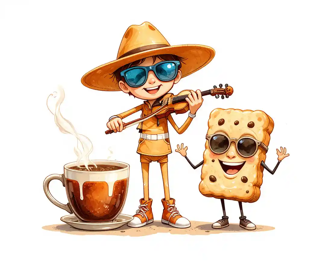 Niño de caricatura tocando el violín con café y galleta sonrientes