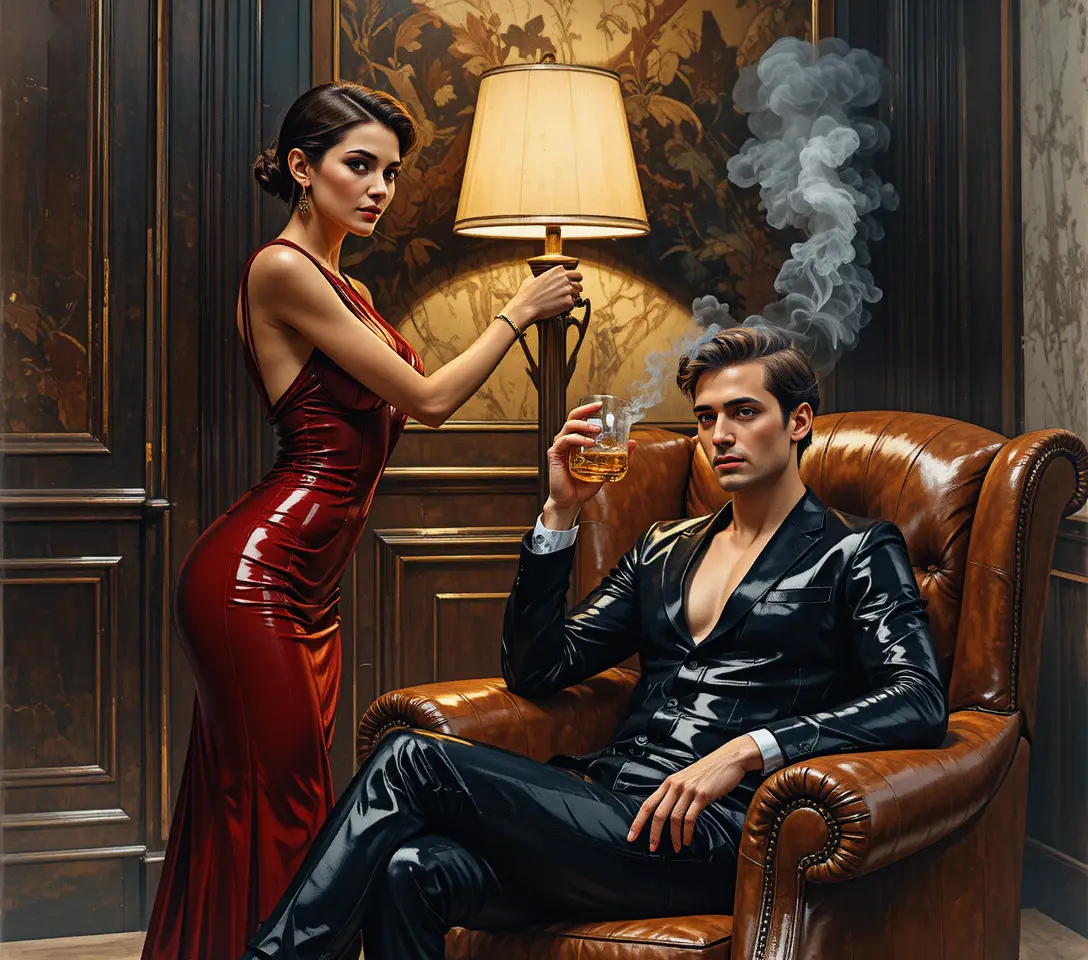 Mujer elegante con vestido rojo en una oficina privada con ambiente tenue