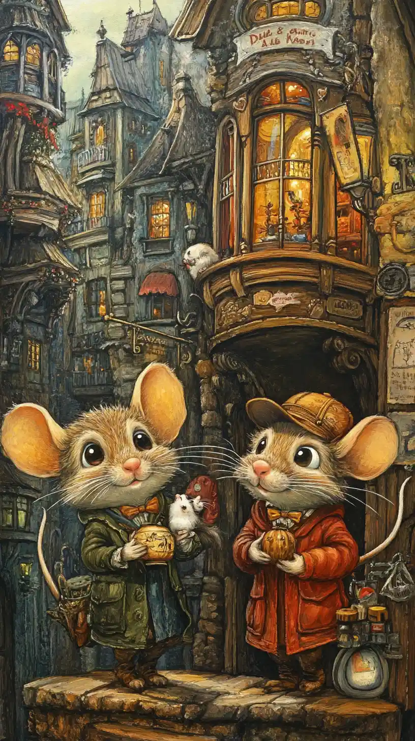 Personajes de ratón en dibujo animado explorando una colorida calle de la ciudad